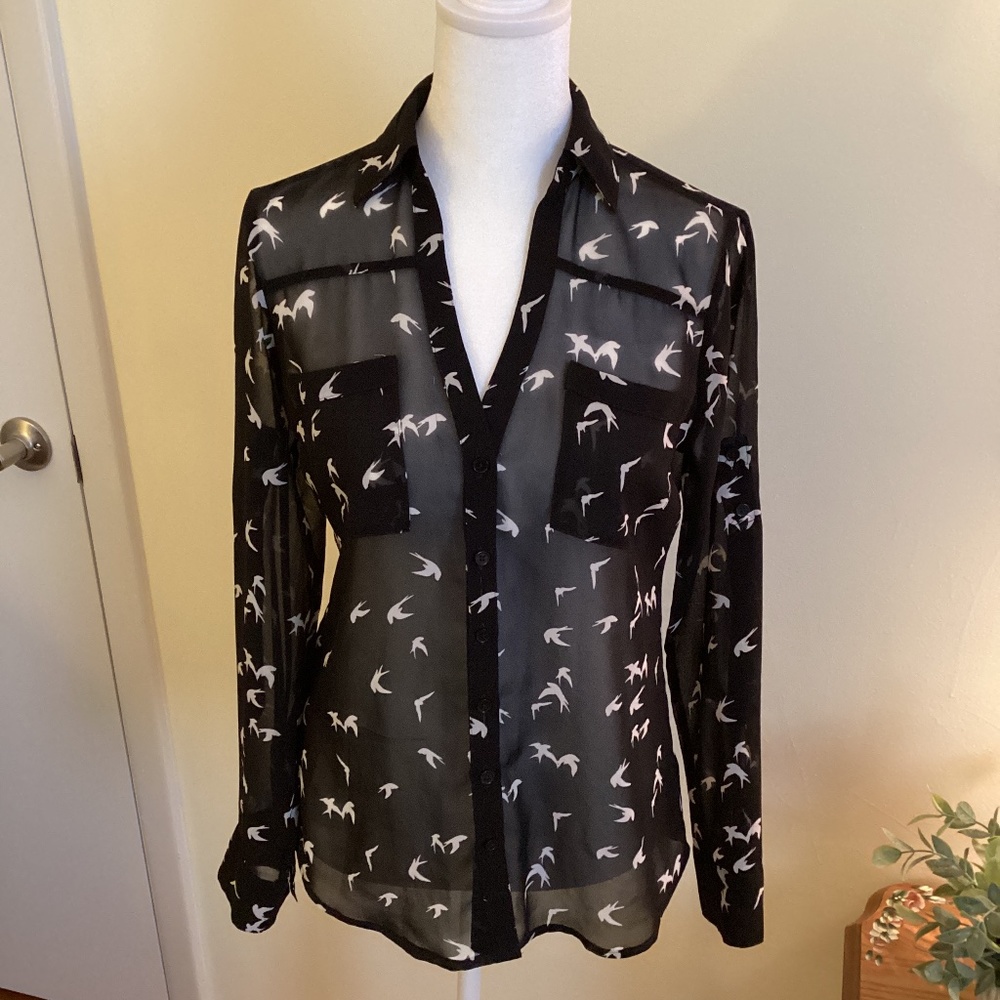 Express size XS sheer black blouse with bird pattern